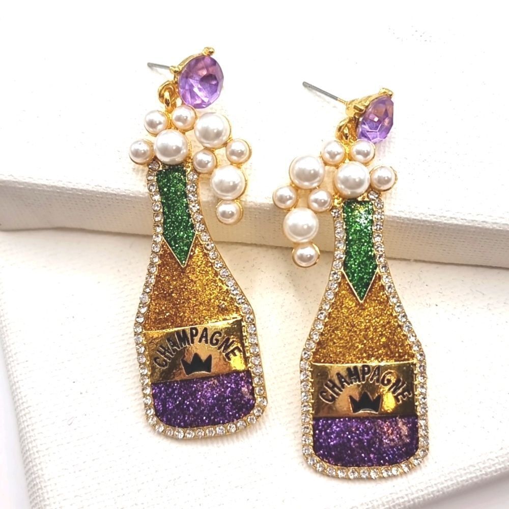Mardi Gras Chamagne cocktail earrings Rhinestone Pearls | NEW